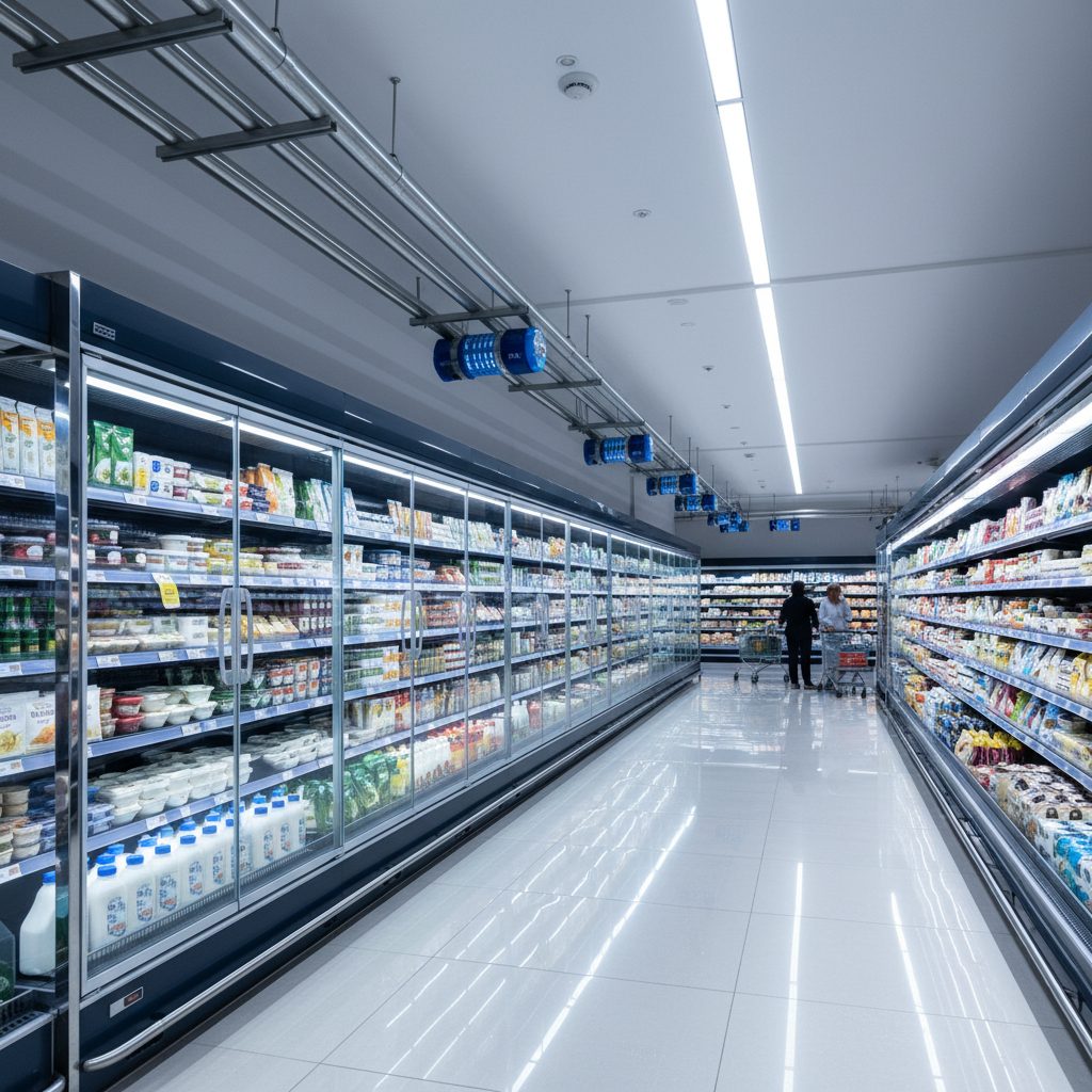 Refrigerated supermarket aisle