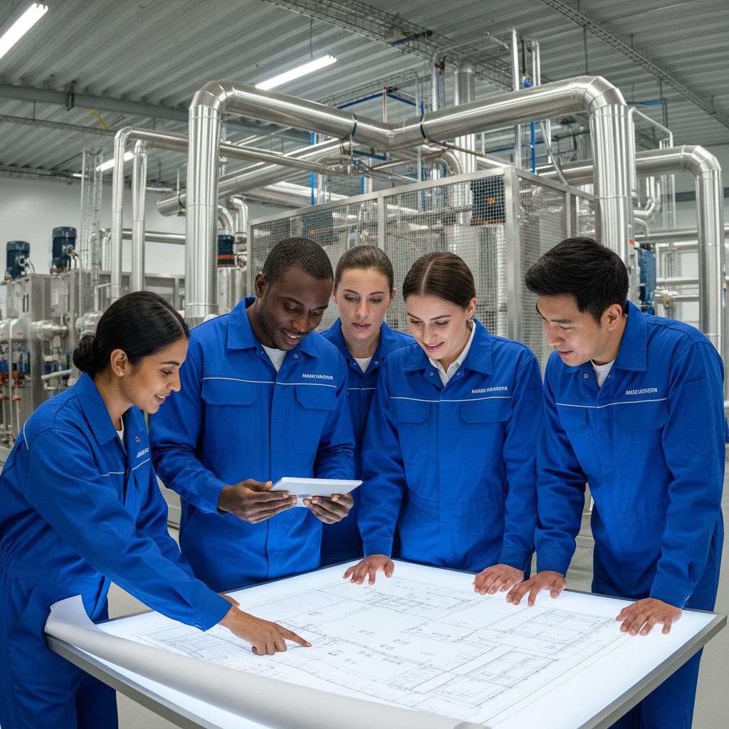 Engineers reviewing refrigeration plans