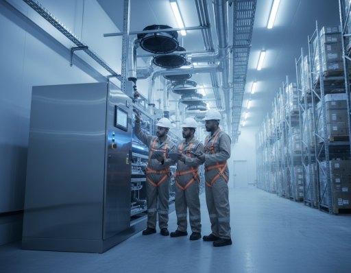 Engineers inspecting a cold-storage facility